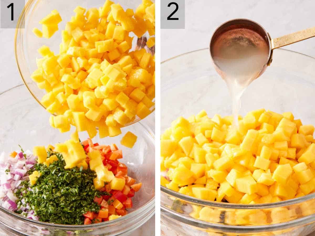 Set of two images showing mango salsa ingredients combined in a bowl and lime juice poured on top.