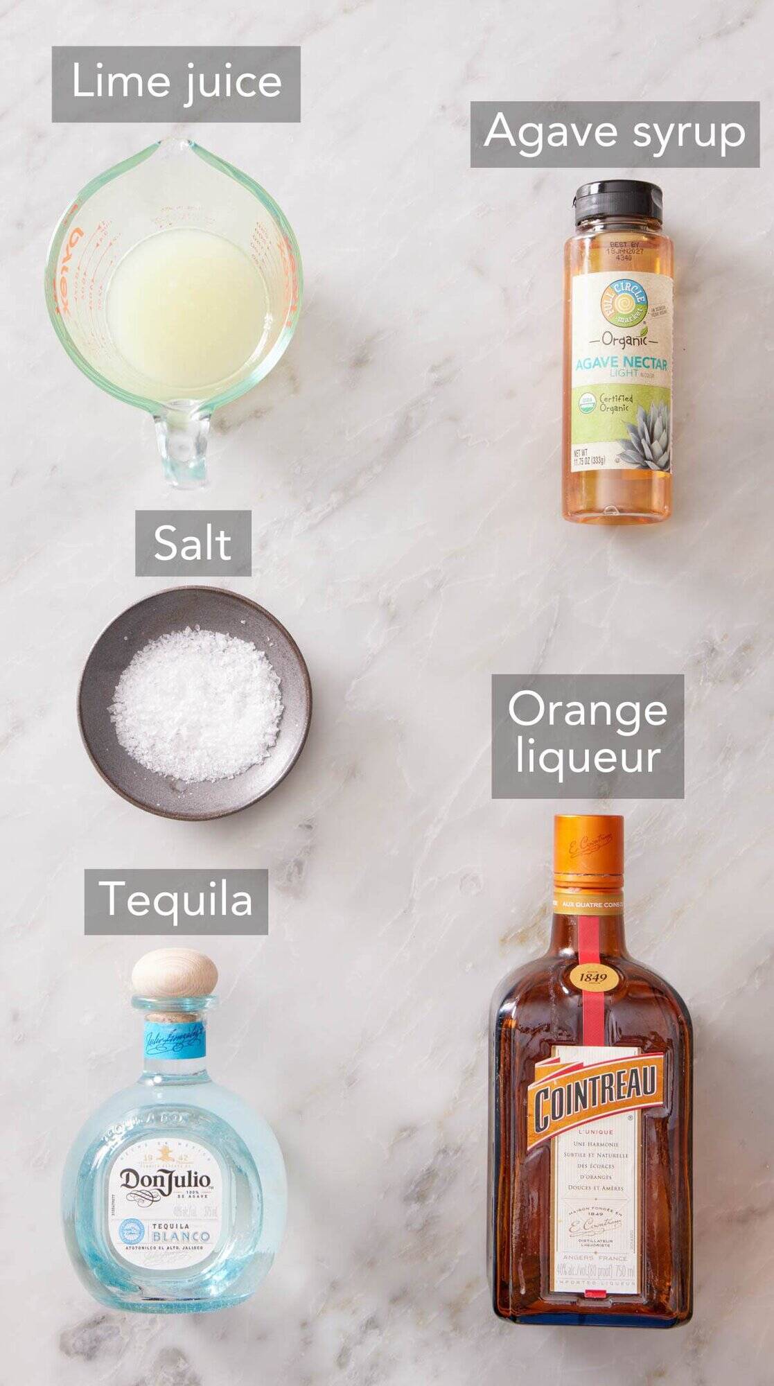 Ingredients needed to make a margarita recipe.