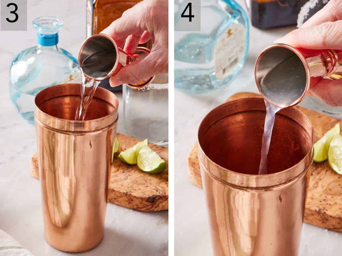 Set of two process images showing tequila and lime juice poured into a cocktail shaker.