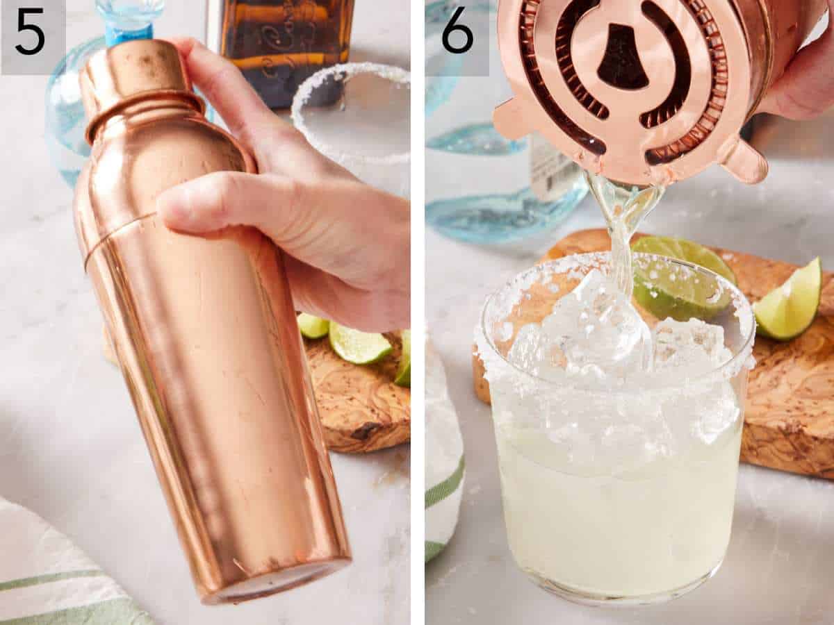 Set of two process images showing a margarita shaken in a cocktail shaker and strained into a glass filled with ice.