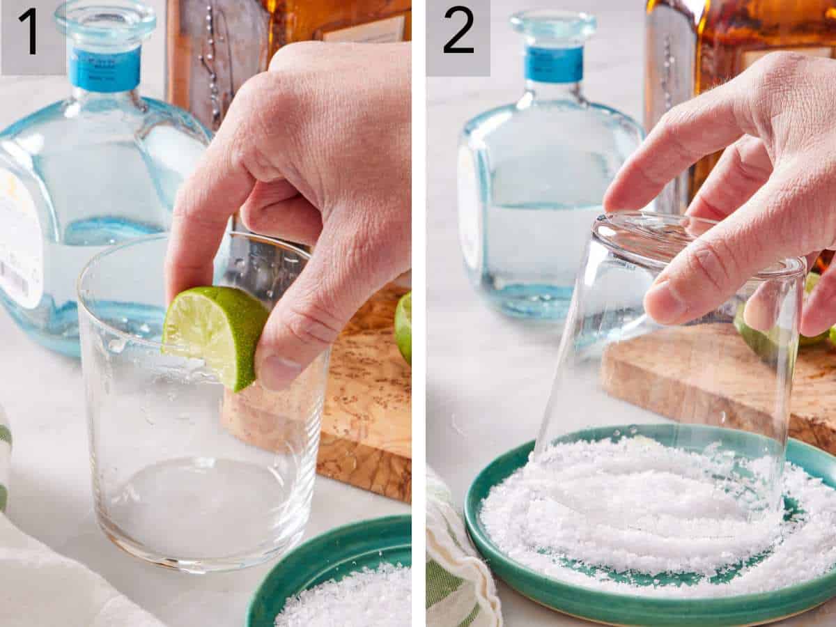 Set of two process images showing a lime wedge run around the rim of a glass, and the glass dipped in salt for a salt rim.