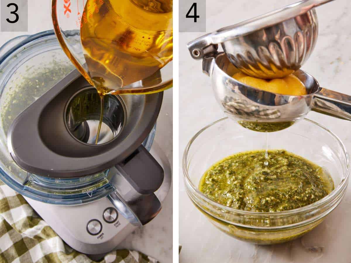 Set of two images showing olive oil drizzled into the mixture in the food processor and lemon juice squeezed into the pesto.