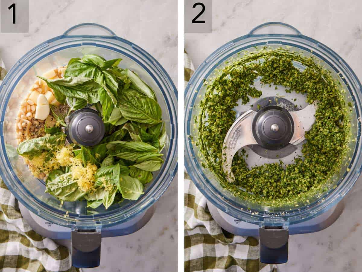 Set of two images showing pesto ingredients in a food processor, and blitzed to form a coarse mixture.