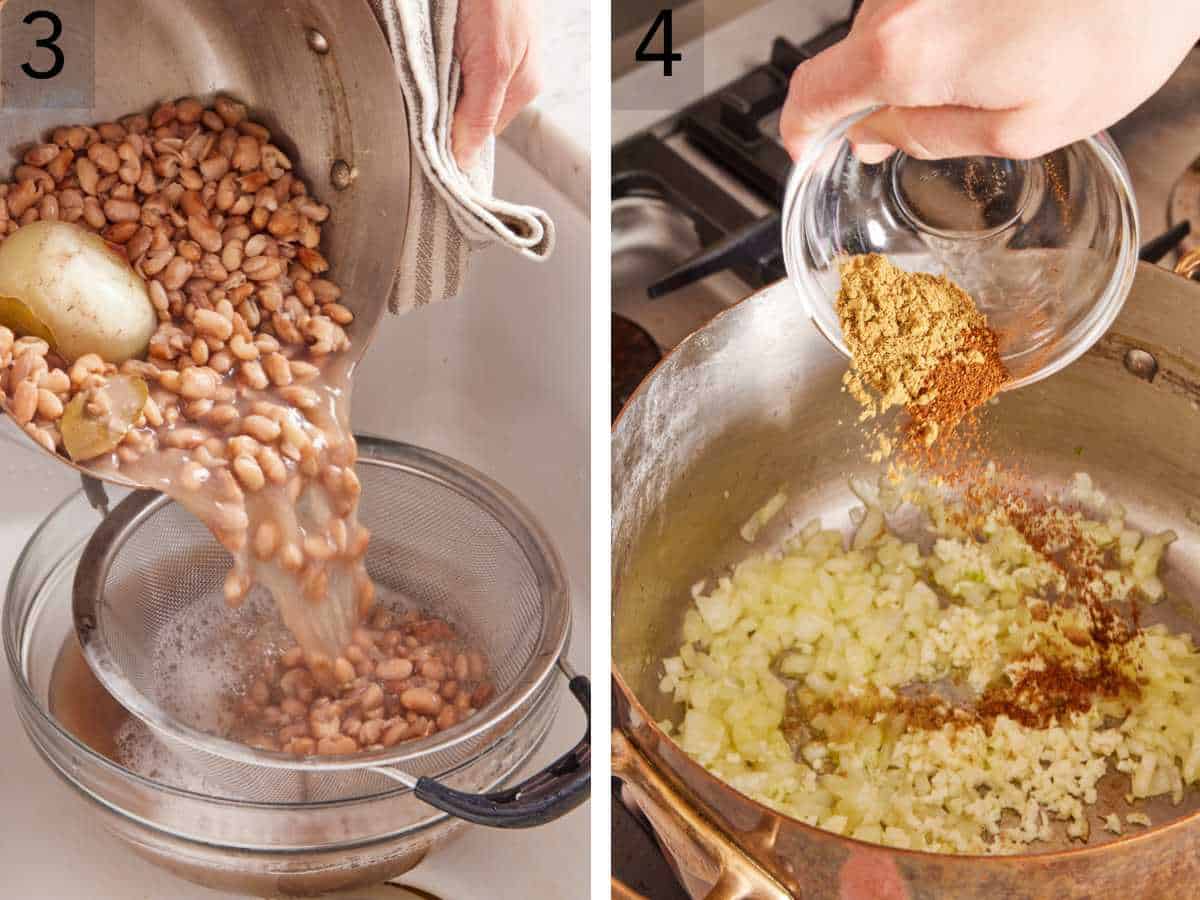 Set of two images showing cooked beans strained, and onions and spices in a large pot.