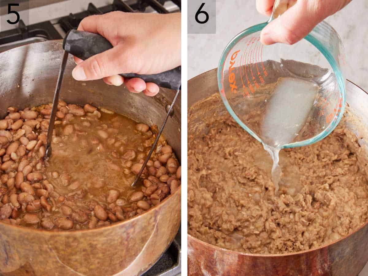 Set of two images showing pinto beans mashed with a potato masher and lime juice added to the refried beans.