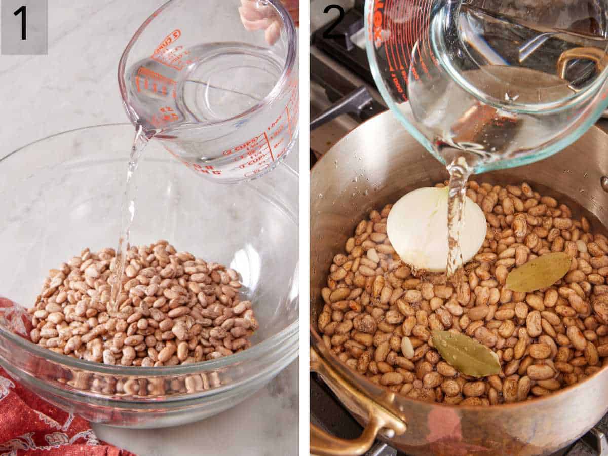Set of two images showing dried beans soaked in water, then drained and simmered with onion and bay leaves.