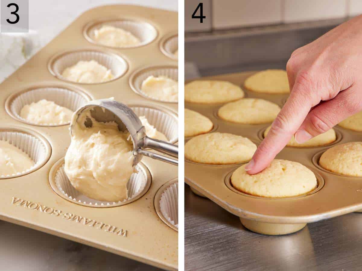 Set of two images showing strawberry shortcake cupcakes batter divided amongst a muffin tin and baked.