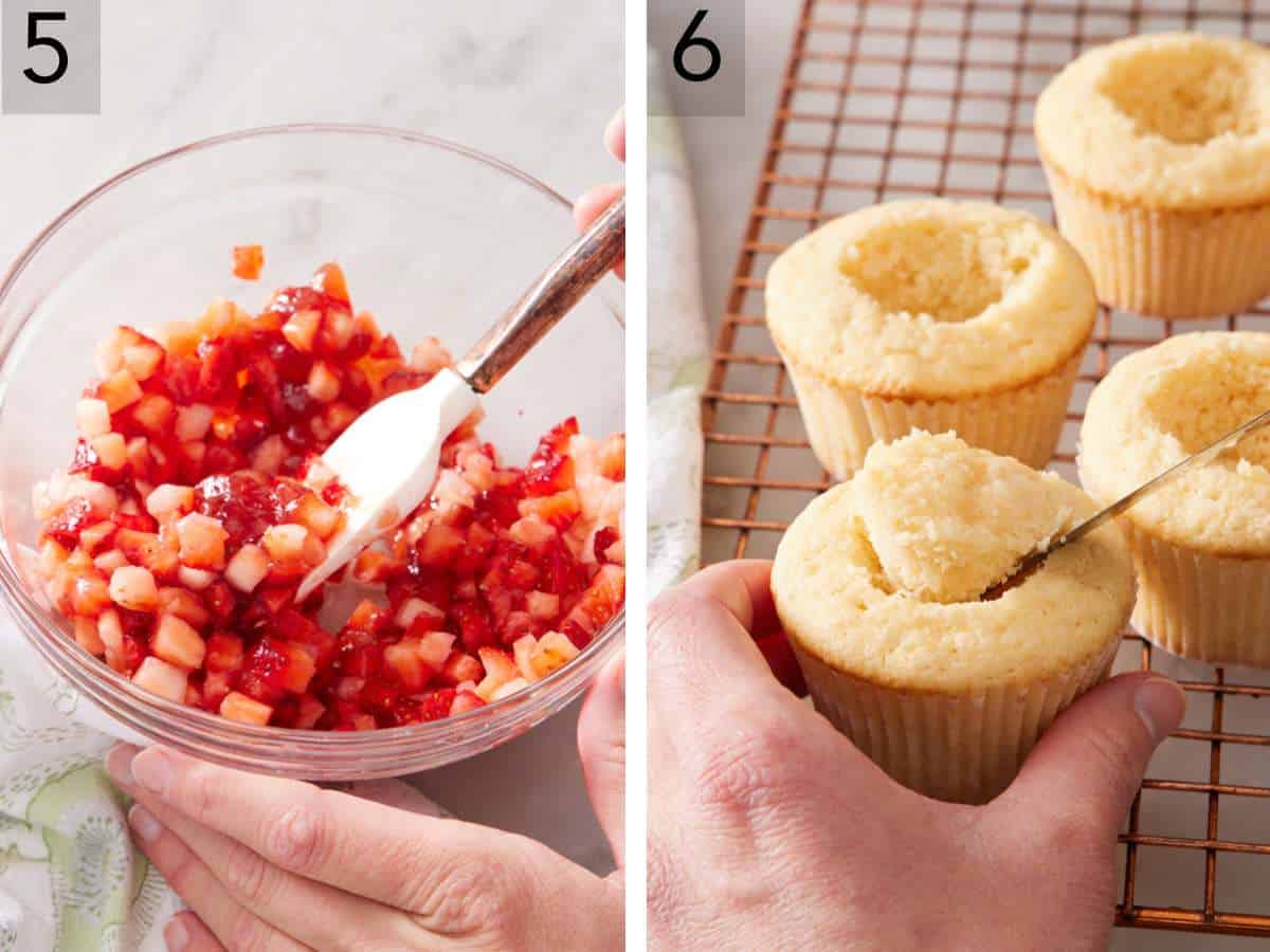 Set of two images showing the cupcake filling made, and the centers of each cupcake removed.