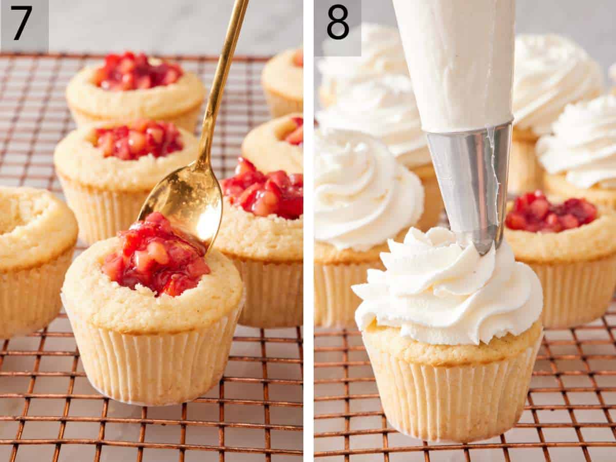 Set of two images showing the berry filling inserted into the cupcake cavities, then a swirl of whipped topping piped on top.