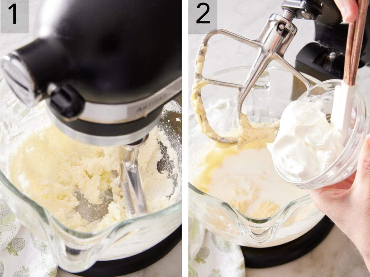 Set of two images showing ingredients in a stand mixer, and sour cream added to the mixture.