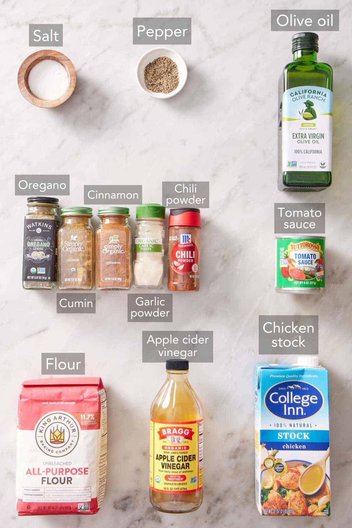 Ingredients needed to make enchilada sauce.