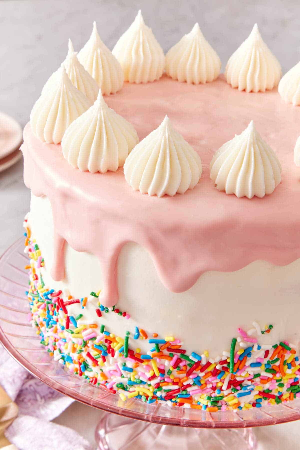 Close up of sprinkle cake with a pink ganache drip.