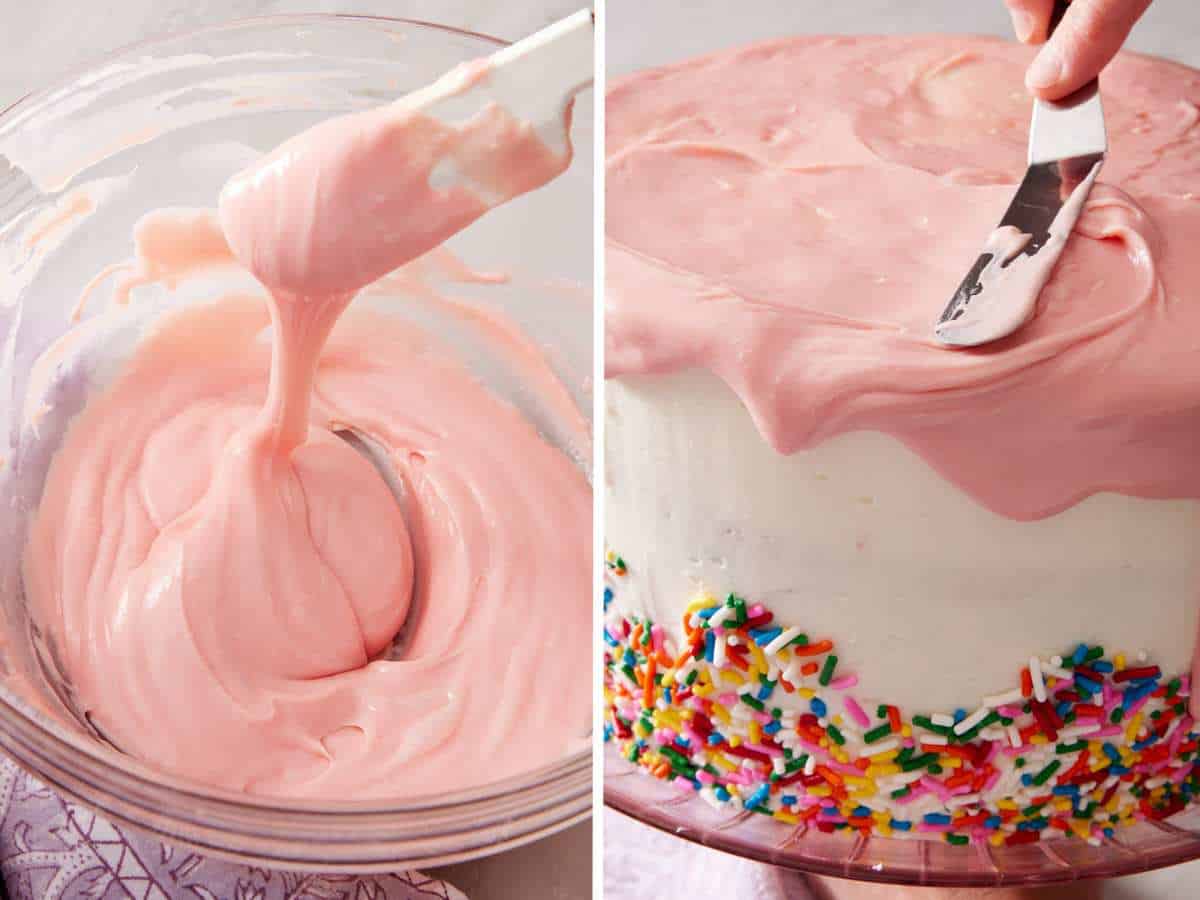 Set of two images showing pink chocolate ganache made and spread over the top of the cake to create a drip.