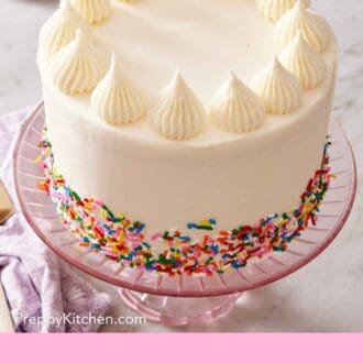 Pinterest graphic showing funfetti cake with sprinkles and vanilla buttercream.