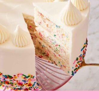 Pinterest graphic showing a slice of cake pulled away from the rest of the cake on a cake server.