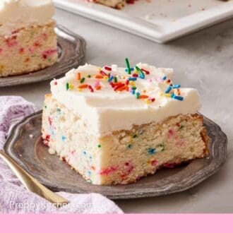 Pinterest graphic showing a slice of funfetti sheet cake on a plate with more cake in the background.