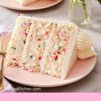 Pinterest graphic showing a slice of colorful sprinkle cake.
