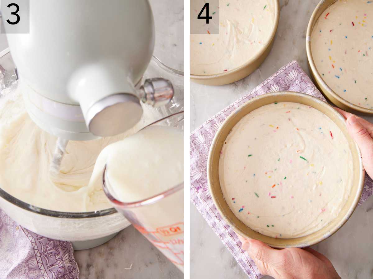 Set of two images showing buttermilk added to cake batter and the batter divided amongst three cake pans.