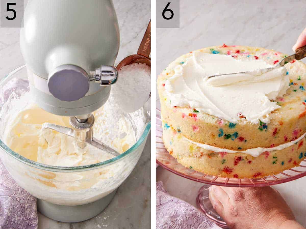 Set of two images showing vanilla buttercream made in the bowl of a stand mixer, then spread onto the cake layers.