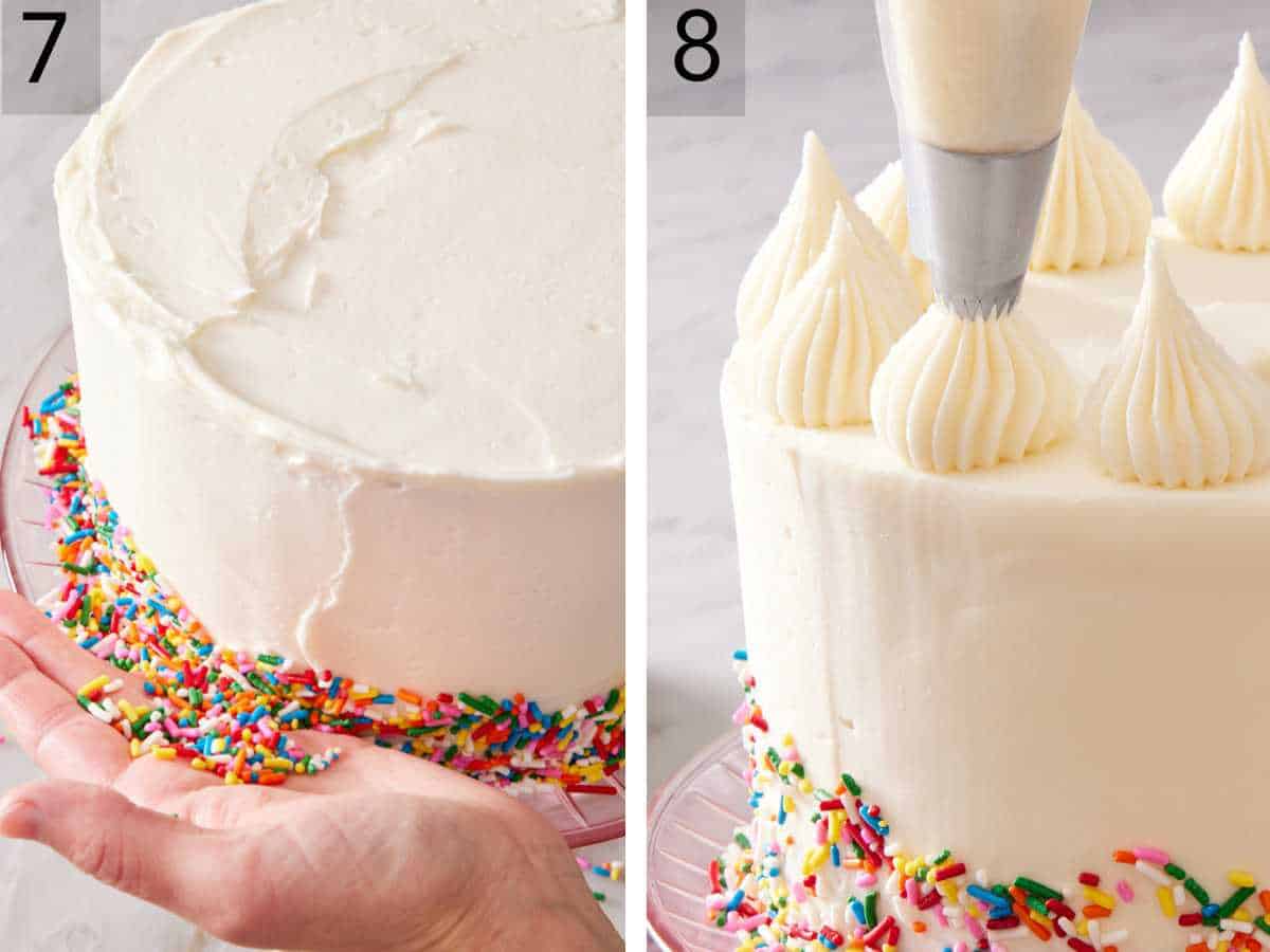 Set of two images showing sprinkles pressed into the bottom edge of the cake, and more buttercream piped on top.