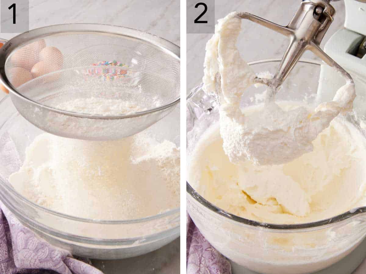 Set of two images showing dry ingredients sifted together and combined with the wet ingredients in the bowl of a stand mixer.