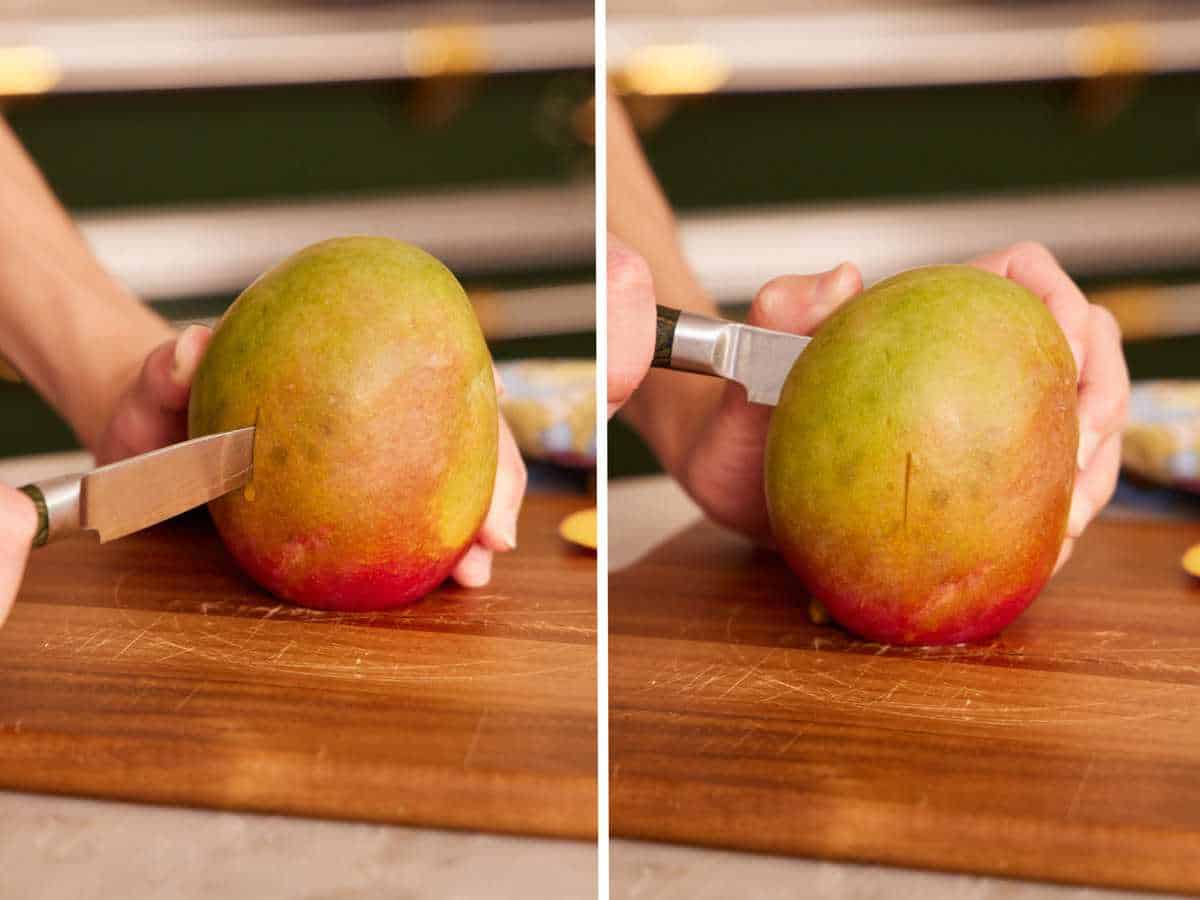 Set of two images showing how to gauge the depth of mango flesh before reaching the seed.
