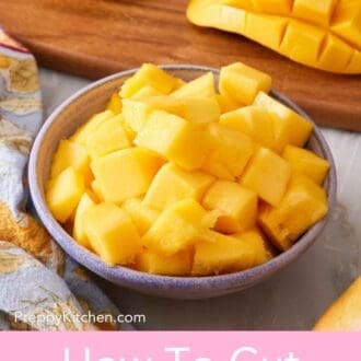 Pinterest graphic showing cubed mango in a small bowl.