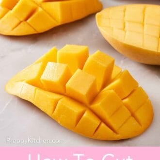 Pinterest graphic showing a close up of a mango cheek with the flesh still attached to the peel.