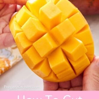 Pinterest graphic showing a scored mango with the peel turned inside out to expose the flesh and make it easier to cut off.