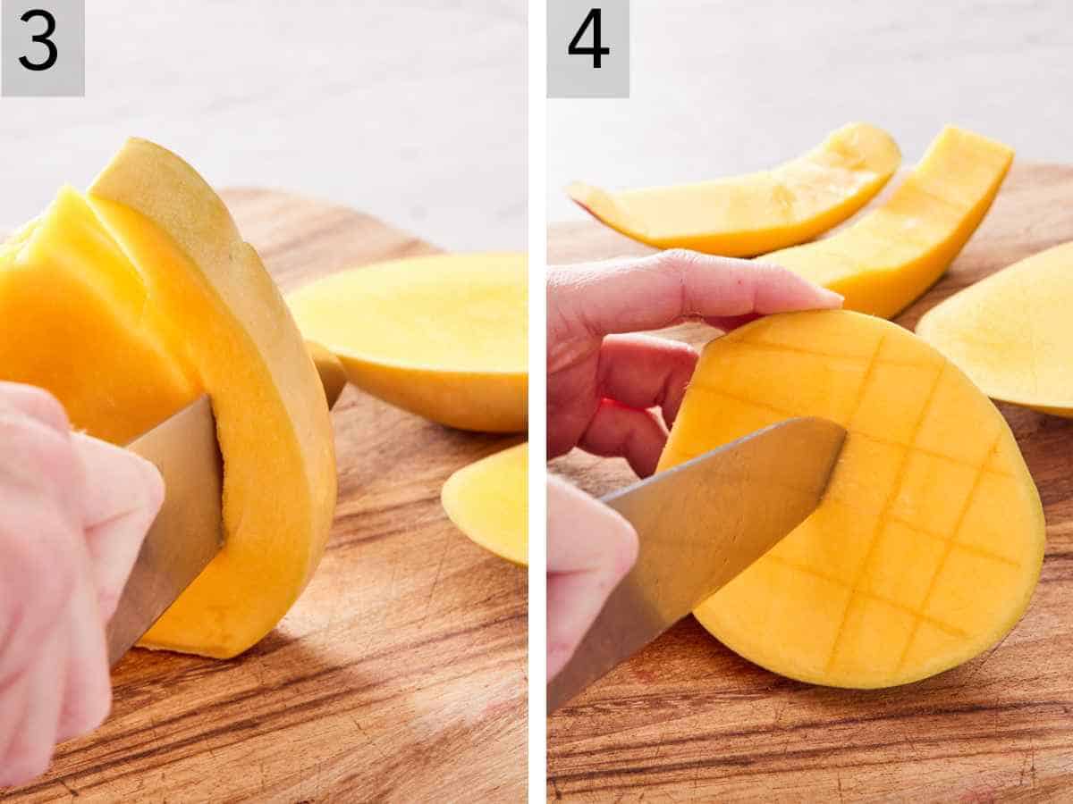 Set of two images showing the narrow sides cut away from the seed, and a grid scored into the mango flesh.