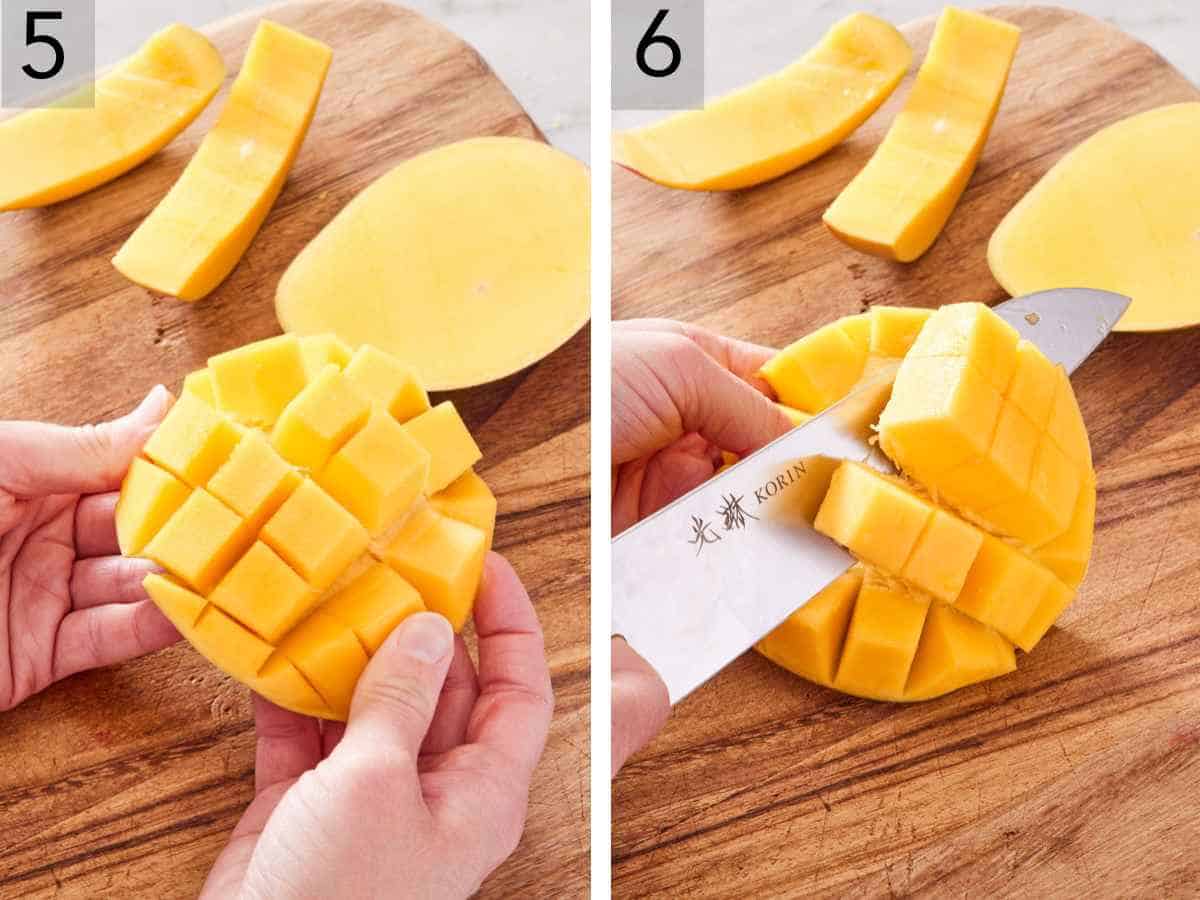 Set of two images showing the mango skin turned inside out to expose the mango flesh and the cubes cut off the skin.
