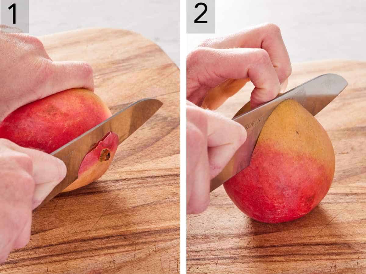 Set of two images showing the beginning steps for how to cut a mango: Stem side cut off of a mango and the wide sides cut off.
