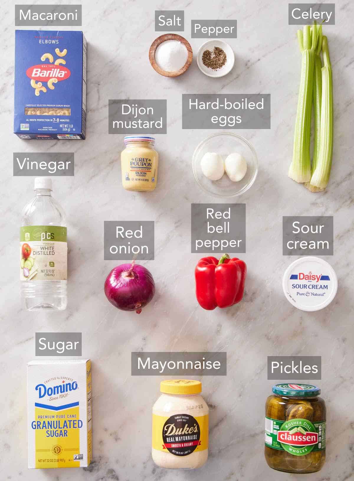 Ingredients for macaroni salad recipe.