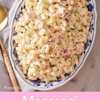 Pinterest graphic showing an overhead view of macaroni-based salad in a large serving platter.