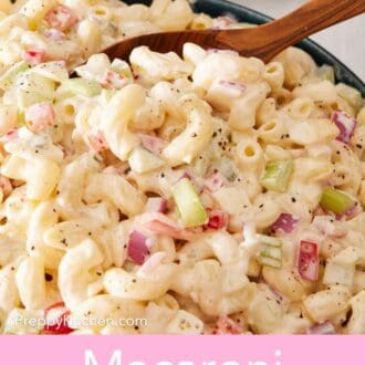 Pinterest graphic showing a close up of macaroni salad.