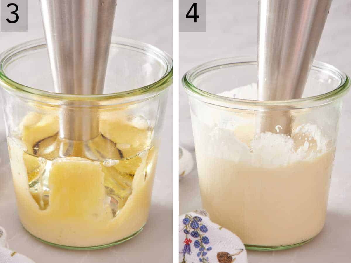 Set of two process images showing the ingredients blended until a creamy emulsion forms.