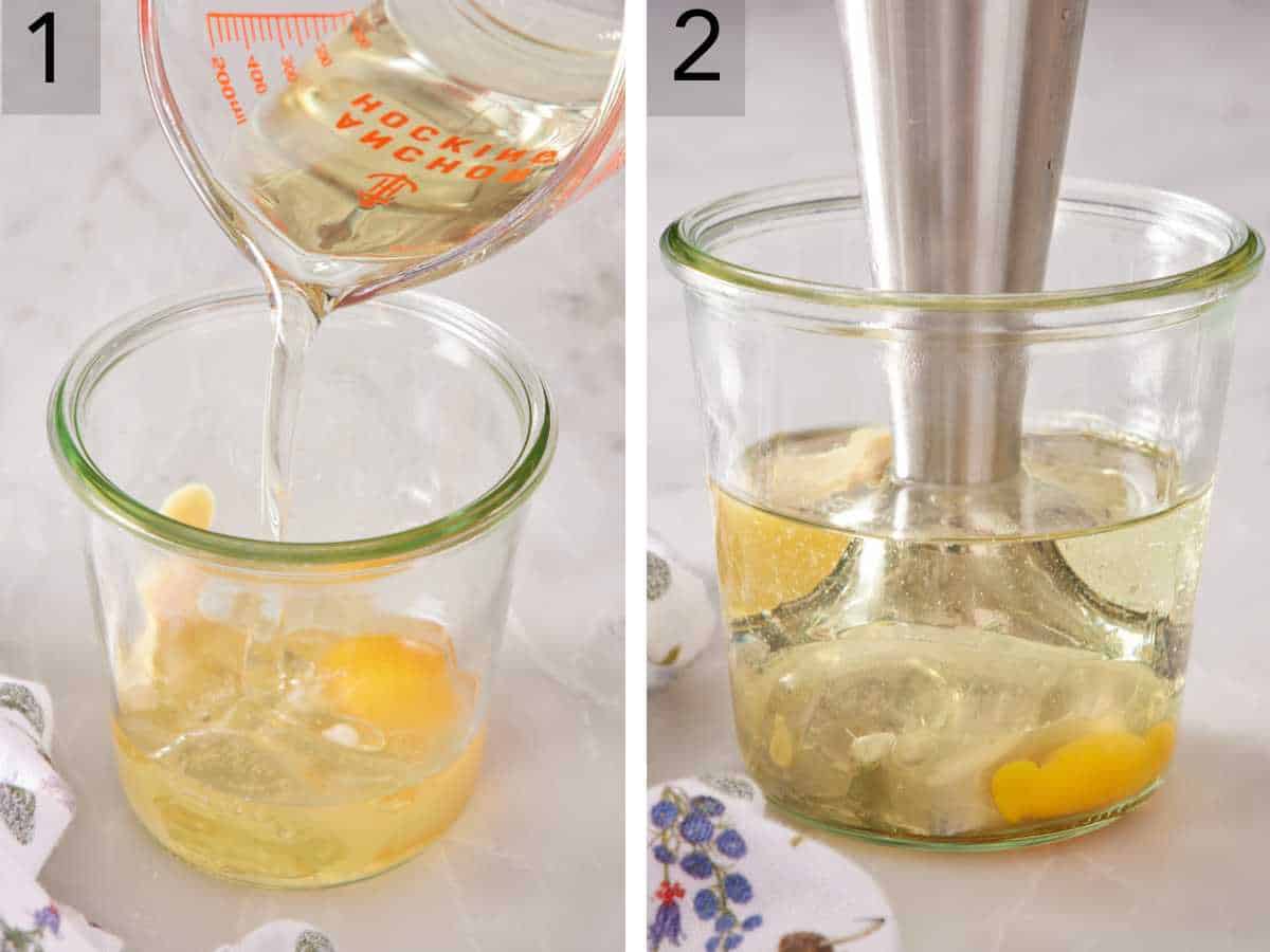 Set of two process images showing mayonnaise ingredients added to a glass jar and am immersion blender held to the bottom of the jar.