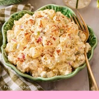 Pinterest graphic showing a close-up of potato and egg salad with a creamy dressing.