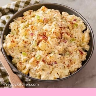 Pinterest graphic showing a large bowl of perfect potato salad.