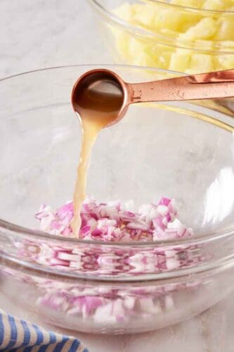 Apple cider vinegar poured onto chopped red onions.