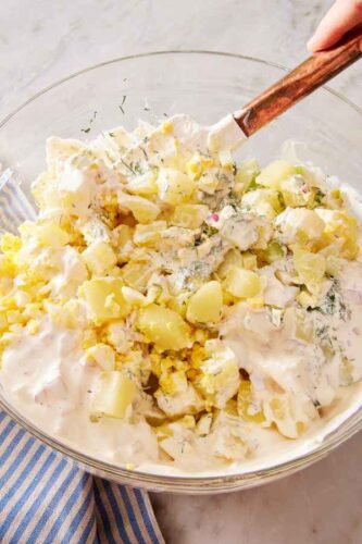 All components of the salad mixed together.