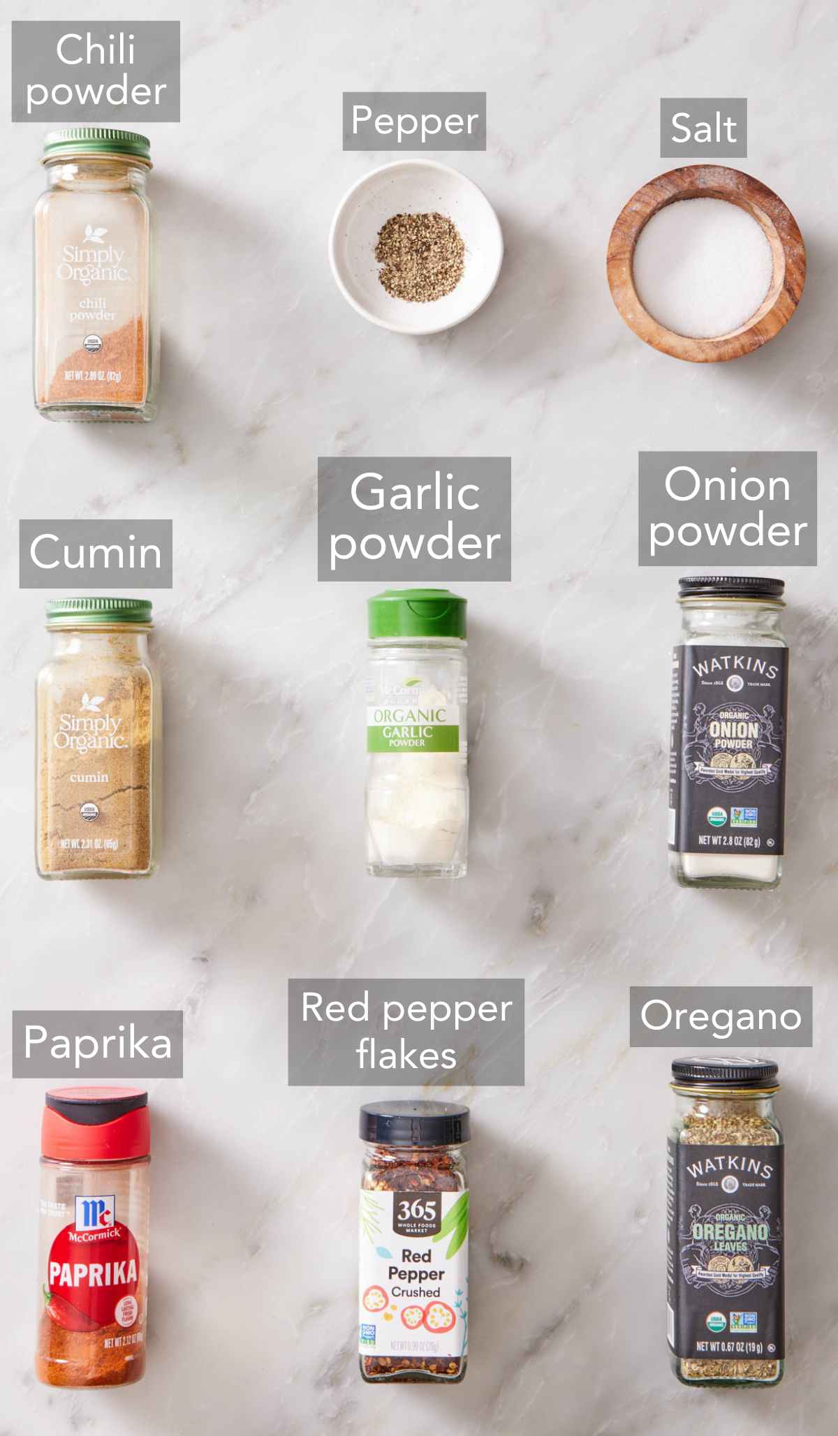 Ingredients for taco seasoning.