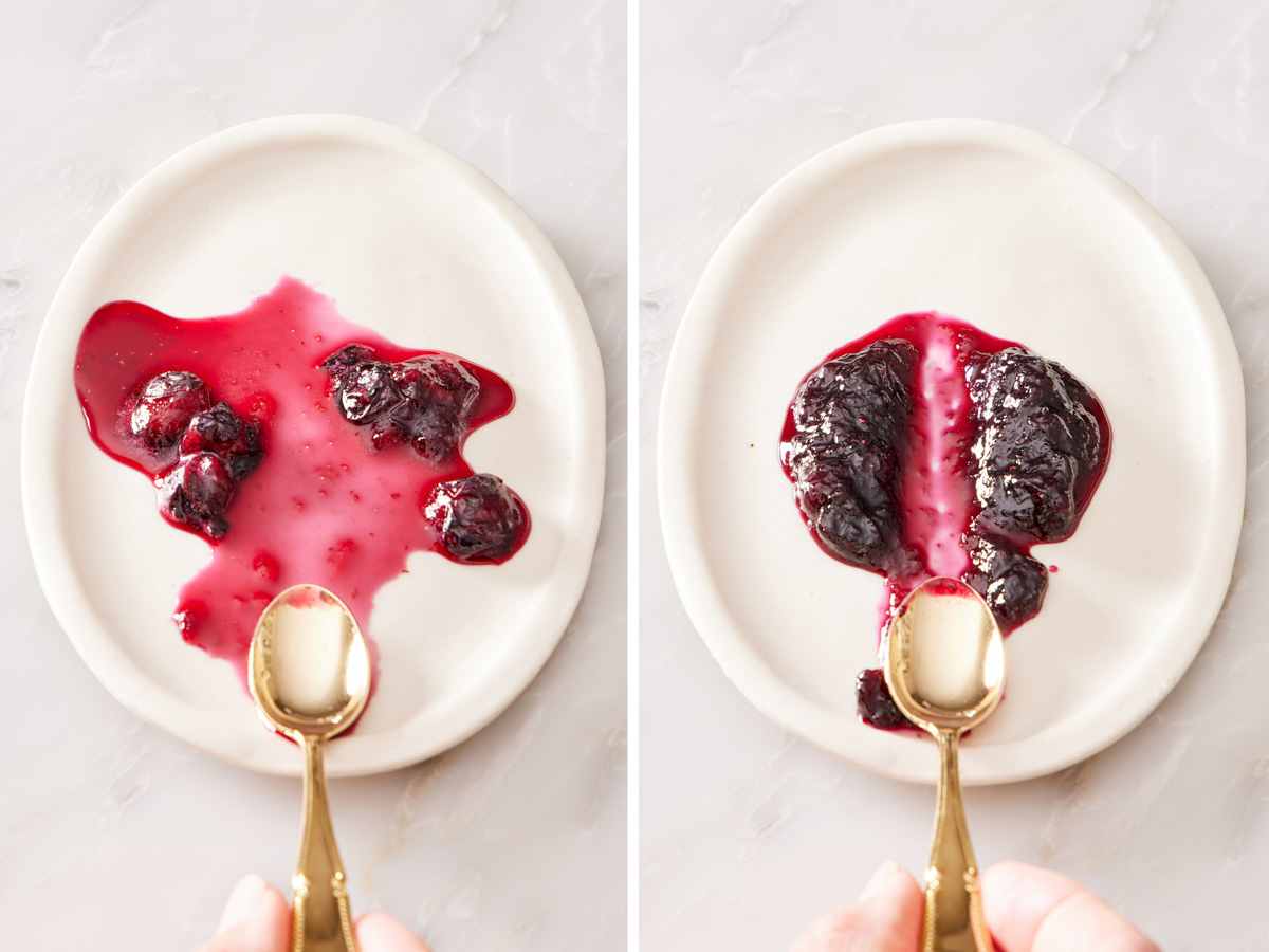 A set of two images showing the consistency of homemade blueberry jam.