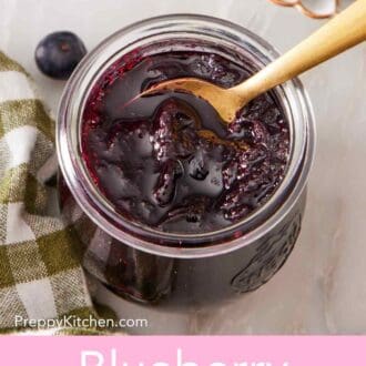 Pin image showing an overhead shot of a small jar of berry jam.