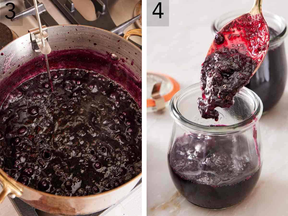 Set of two images showing the thickened blueberry mixture in the pot, then transferred into a small glass jar.