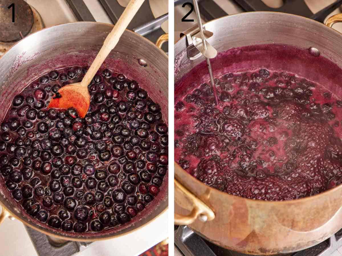 Set of two images showing blueberries in a pot, then simmering with a candy thermometer to monitor the temperature.