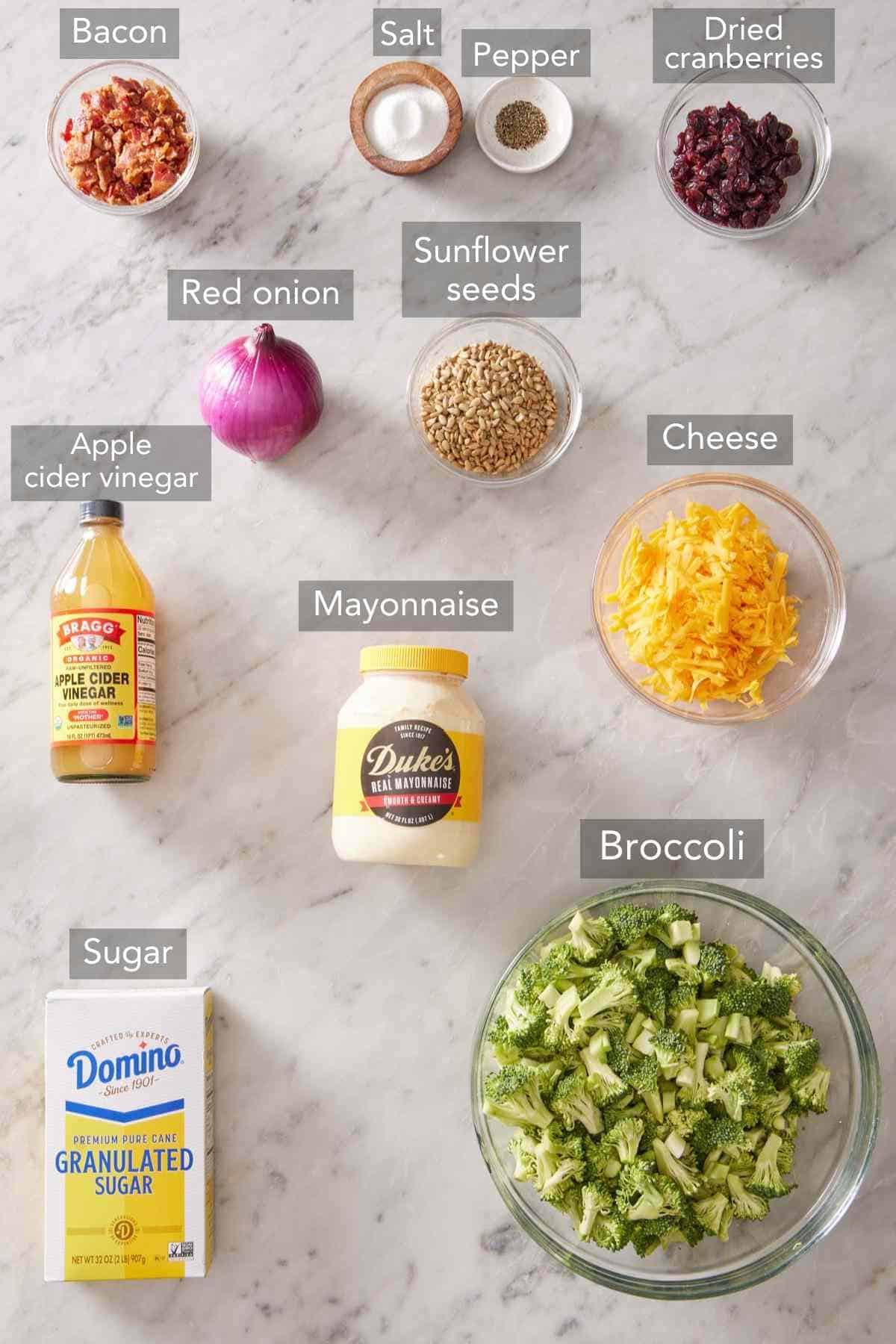 Ingredients for homemade broccoli salad.