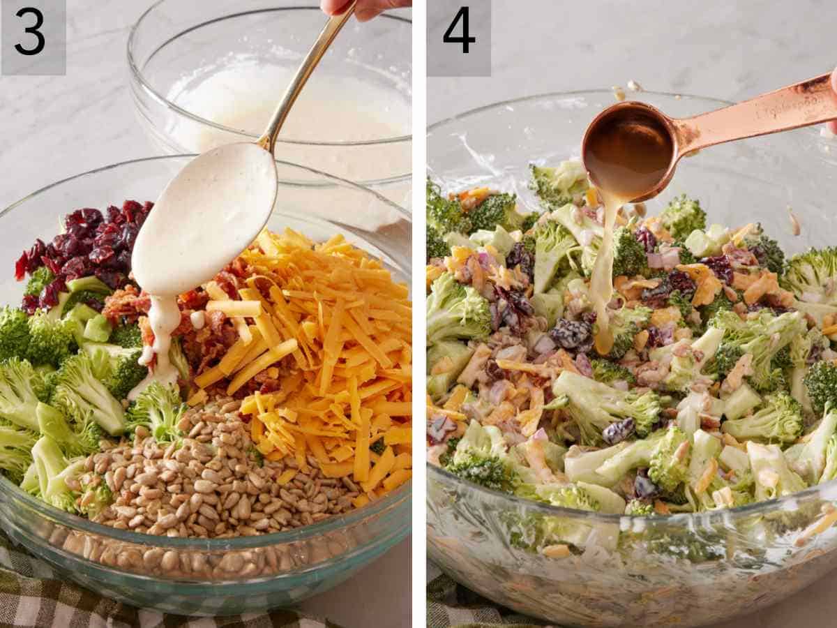 Set of two images showing creamy dressing drizzled over salad ingredients, and broccoli salad tossed before extra vinegar is added to taste.
