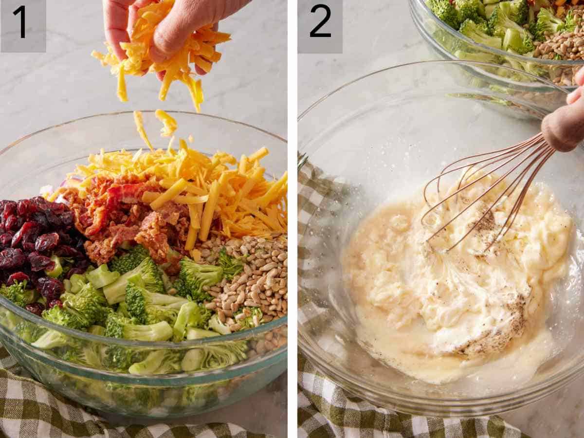 Set of two images showing salad ingredients added to a bowl, and dressing made in a separate bowl.