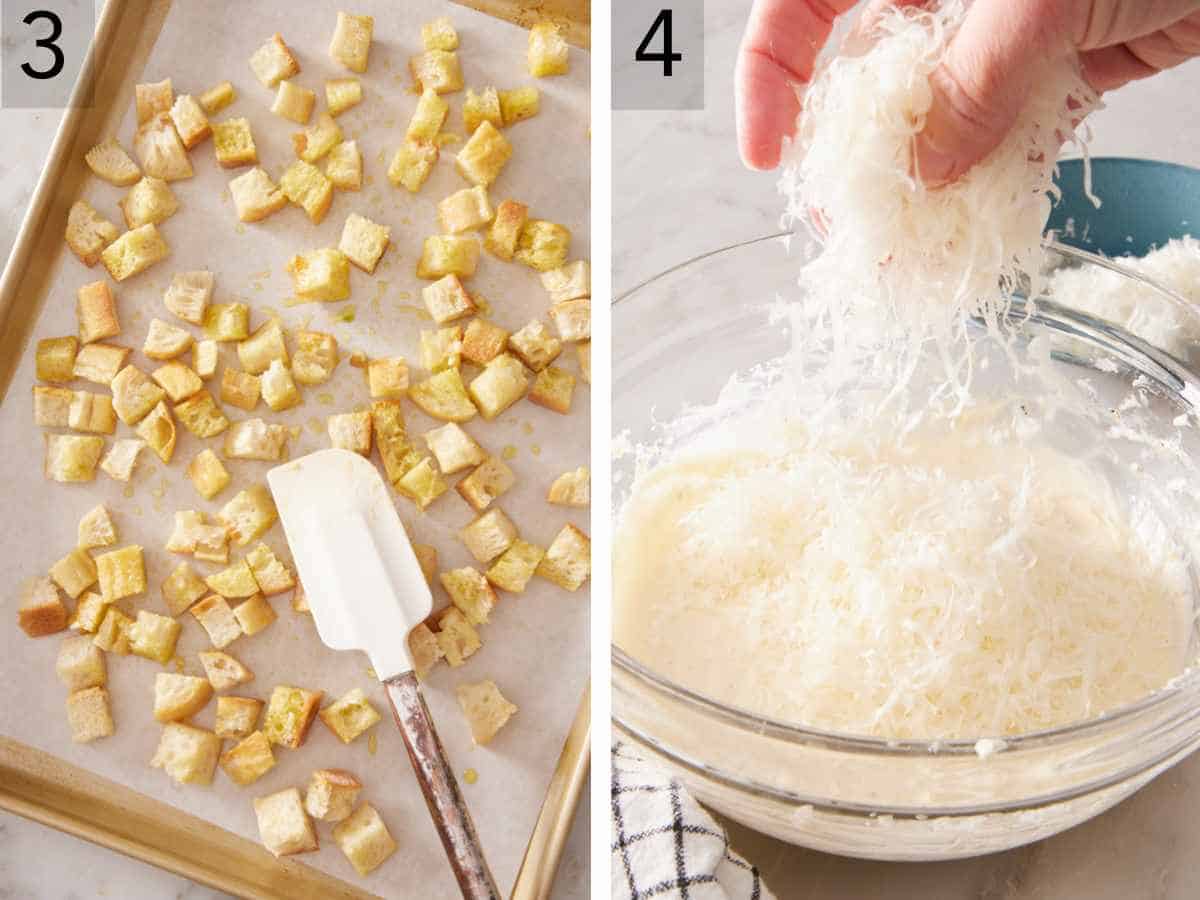 Set of two images showing the bread spread onto a baking sheet, and Caesar dressing made in a large bowl.